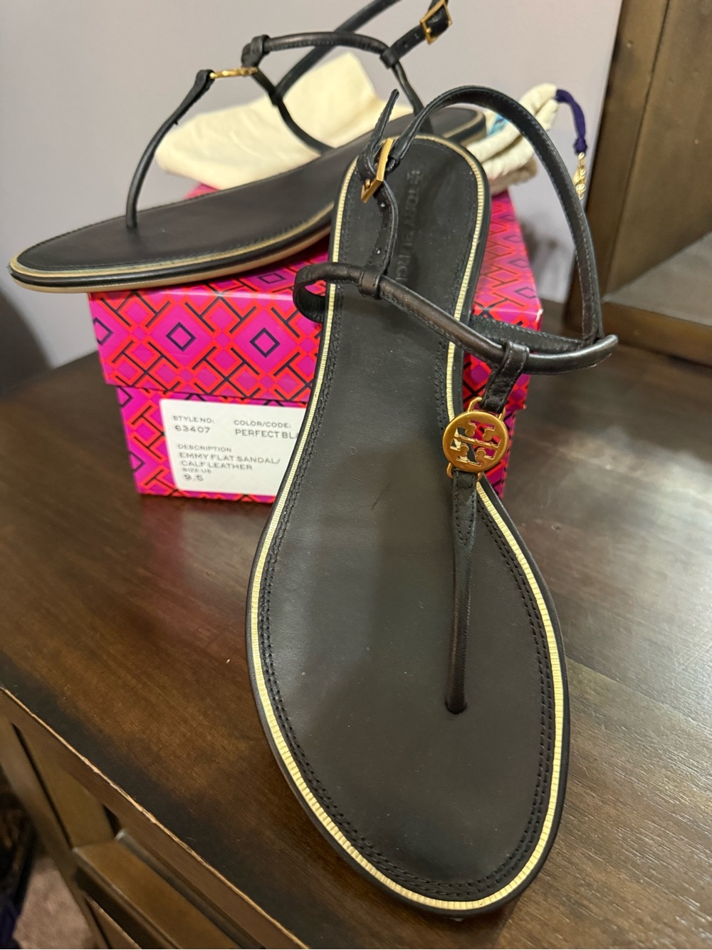Tory Burch Black Leather T-Strap Sandal with Gold Logo